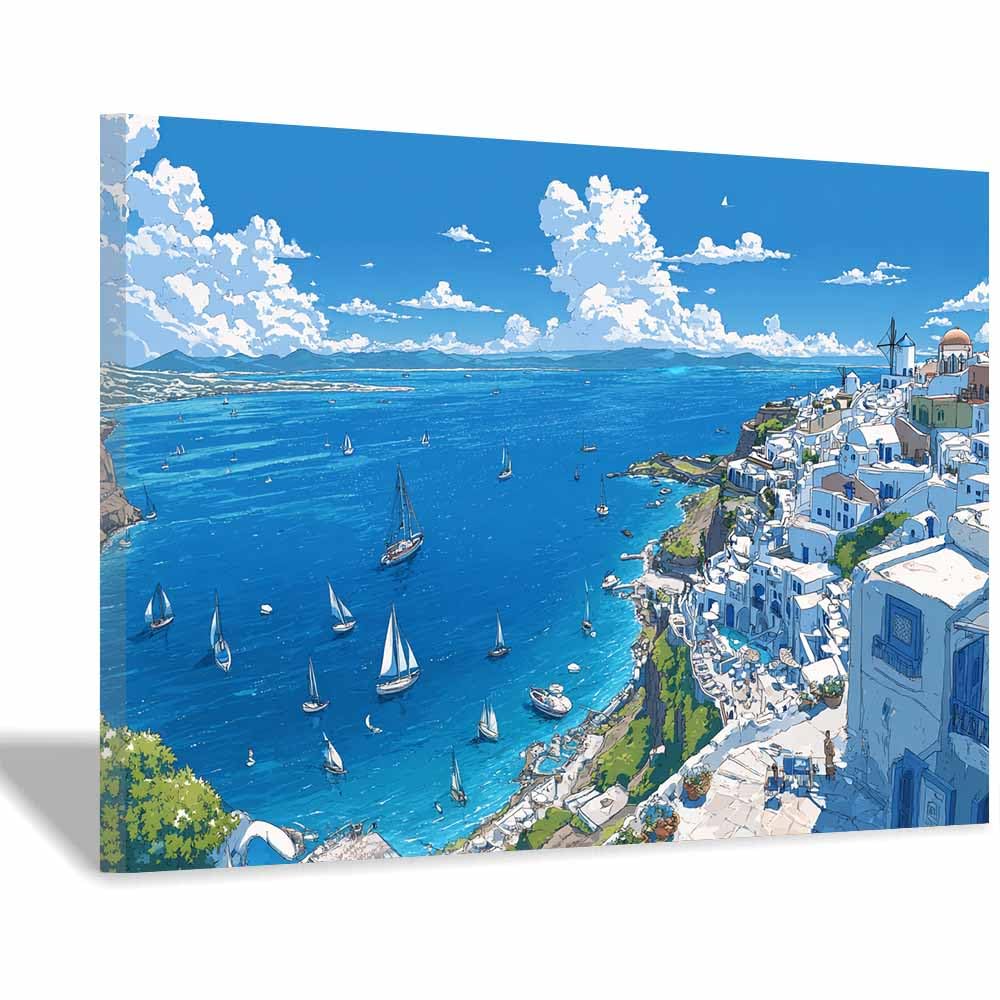 DMZPKZB Natural Landscape Wall Decor Santorini Coastsal Art Beautiful scenery Painting, Modern Artwork,for Living Room,Bedroom,Office Bathroom,Dining(Multicolor)-50x70cm Framed