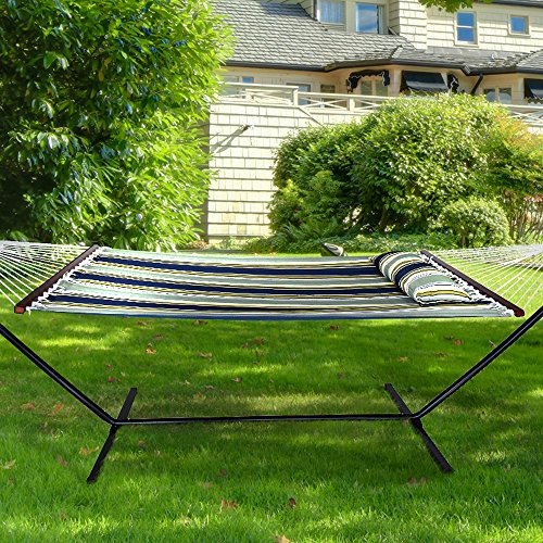 Sorbus 2-Person Stylish Hammock With Stand- Premium Cotton 53" Large Hammock Bed- Spreadedbars & Pillow Included- Heavy Duty 450Lbs Portable Hammock For Garden Yard Patio Outdoor Camping- Washable #TOP1