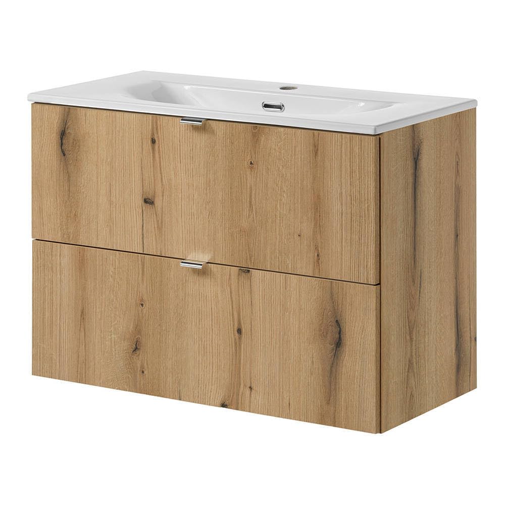 [en.casa] Badmöbel Skelbolu Waschtisch mit Unterschrank Badezimmerschrank 80 x 57 x 39 cm Waschbecken mit Unterschrank 2 Schubladen Badschrank Waschtischunterschrank hängend Eicheoptik