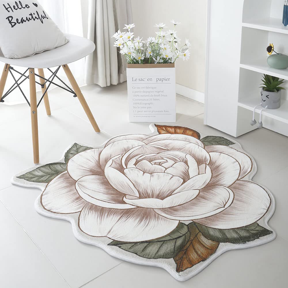 Morbuy Tappeto Soggiorno Soffice Morbido Tappeto a Forma di Fiore Antiscivolo Lavabile Tappeti Rotondo Moderni Interno Decorativo per Sedia Girevole Salotto Camera da Letto (120cm,Camelia)
