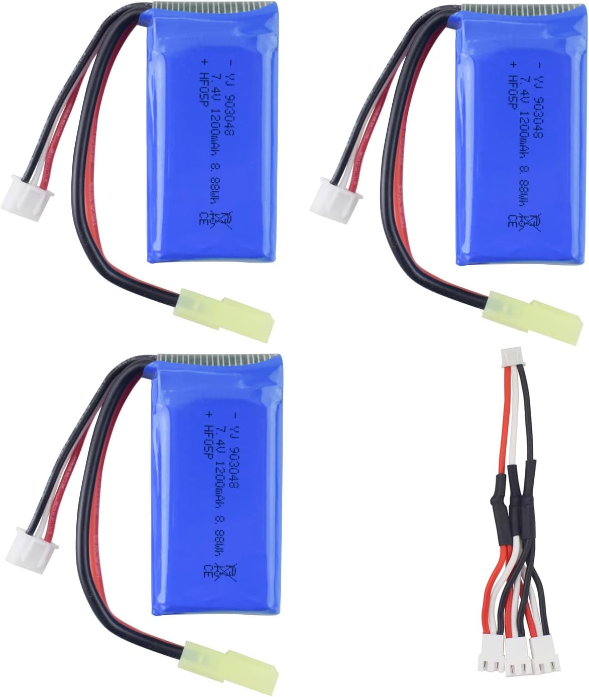 Fytoo 3PCS 7.4V 1200mah Lithium Battery & 1pallet3 Conversion Cable for 9300 9301E 9302E 9303E 9034E 9305E 9310 9201E 2.4G 1:18 Full-Scale RC Four-Wheel Drive High-Speed Off-Road RC Car