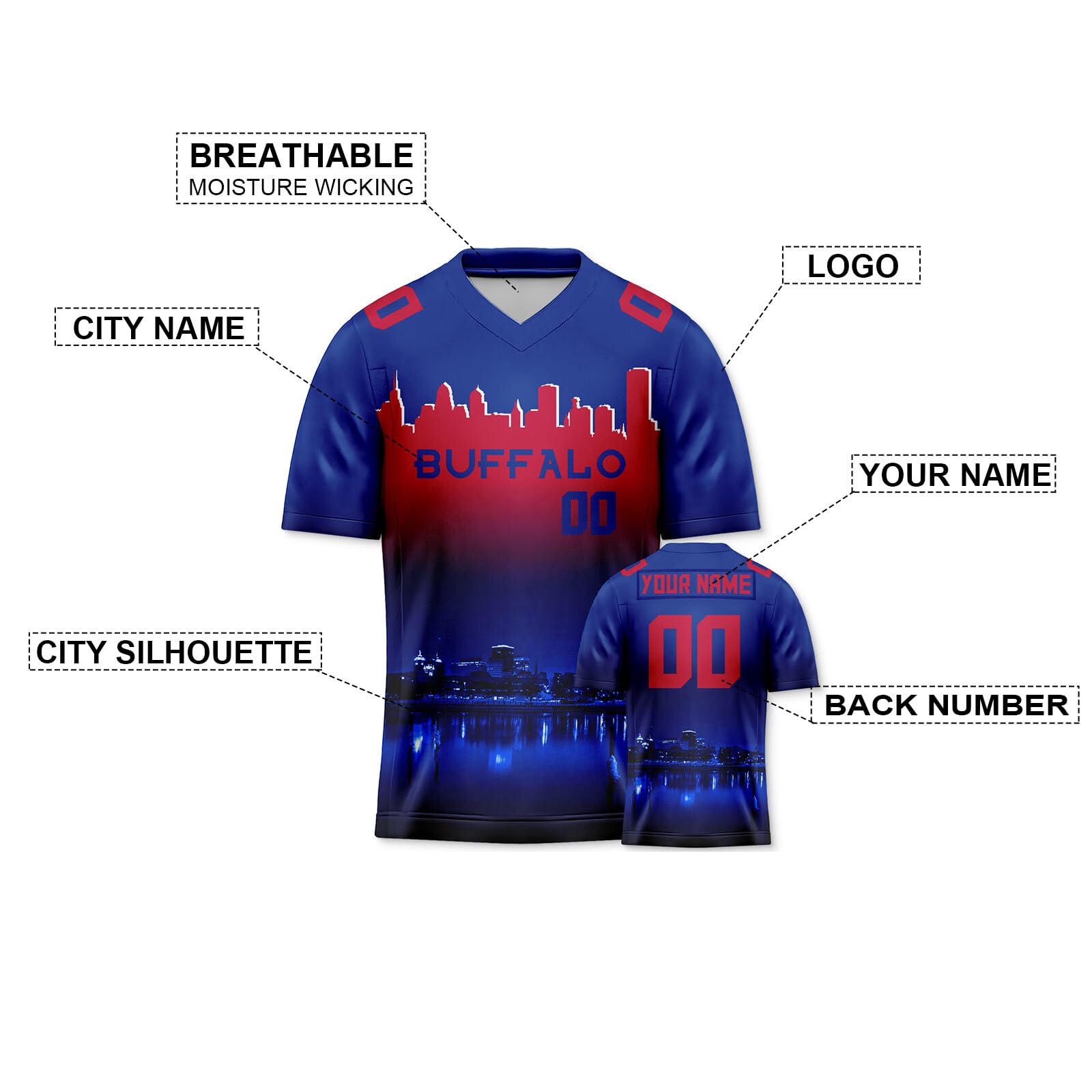 Custom Football Jersey City Night Skyline Gifts for Men Women Youth Personalized Name Number Fashion Game Day Fans Clothing Deep Blue Red