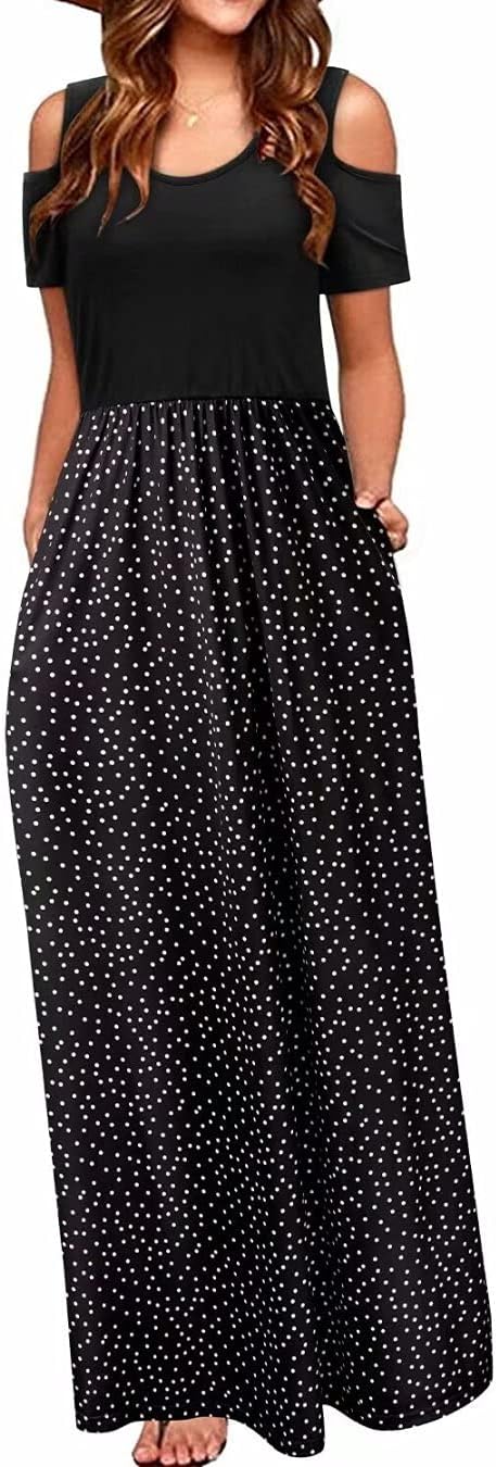 STYLEWORD Women's 2025 Summer Maxi Long Dresses Cold Shoulder Sundress with Pocket