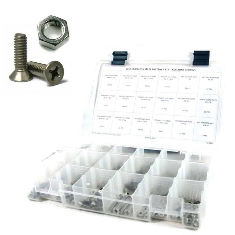 Stainless Steel Phillips Flat Head Machine Screw Kit with Matching Nuts - #4-40 Through 1/4"-20-512 Pieces