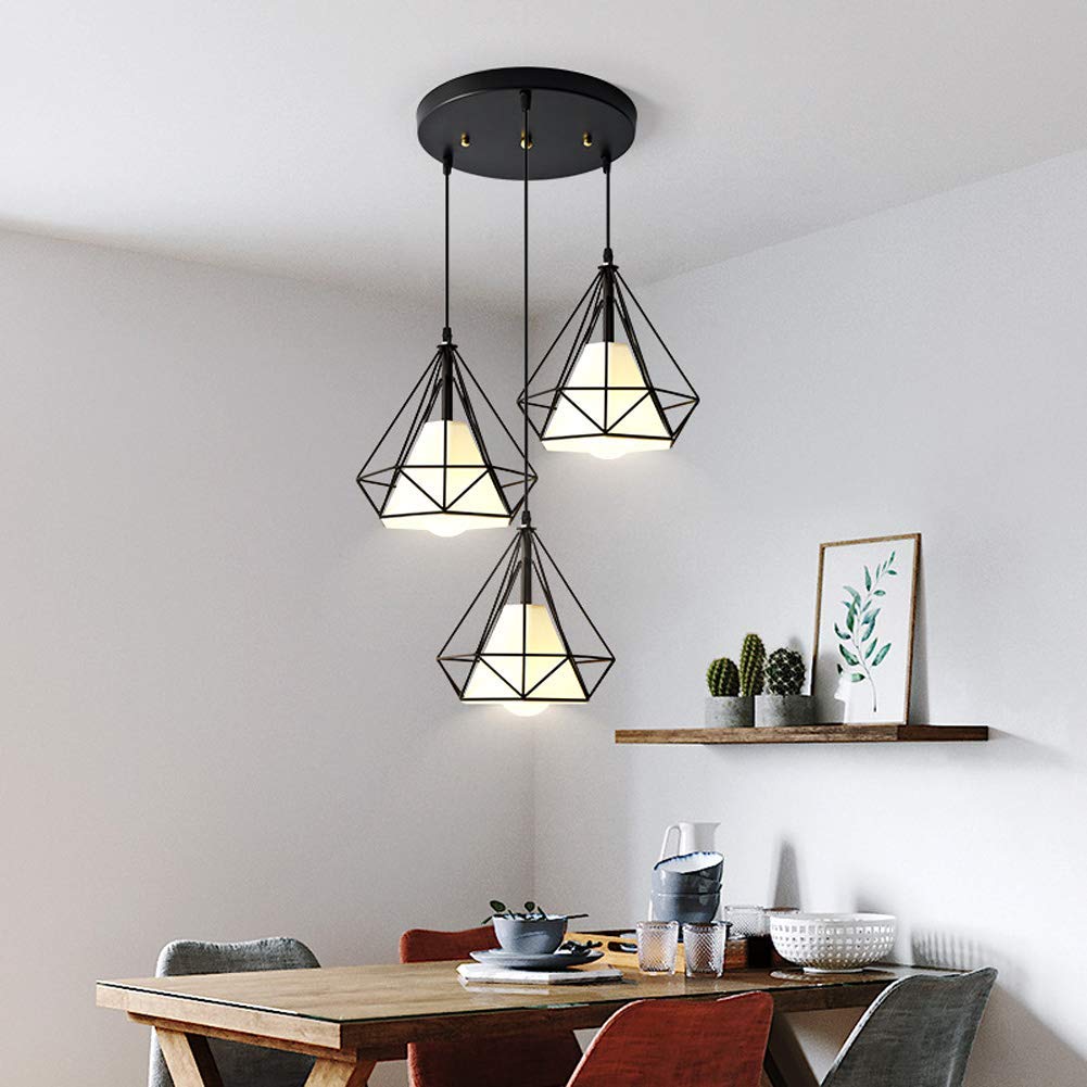 E27 3 Płomienie, metalowy ół w LED czarnej czarnej lampy sufitowej cień o wysokości 100 cm Regulowany żyrandol do sypialni w salonie, okrągła komfortowa rocznica