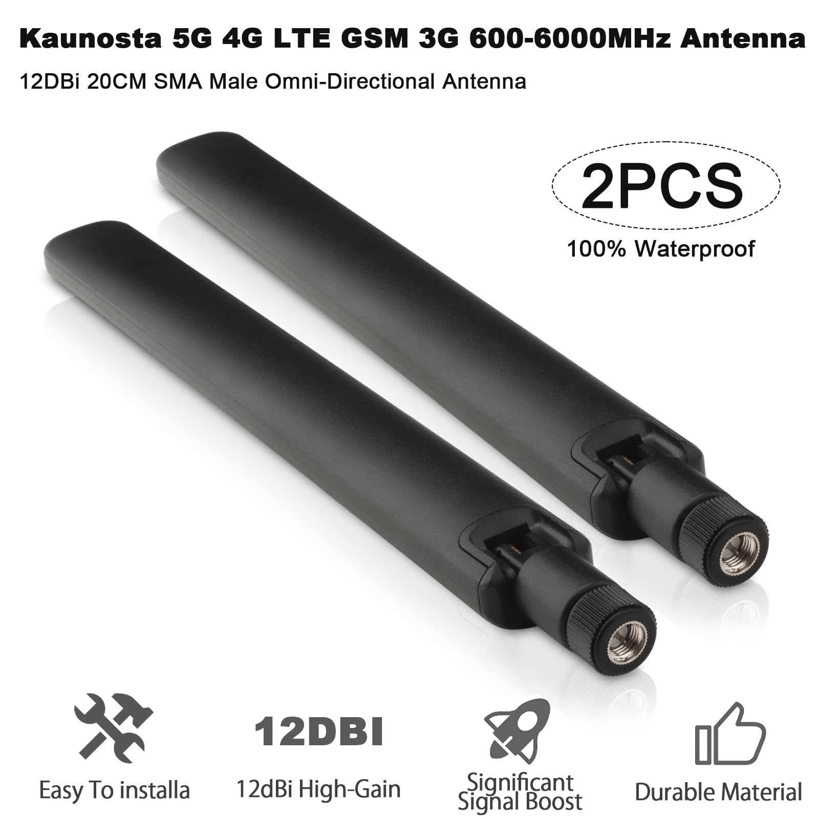 Kaunosta 5G 4G LTE GSM 3G T-Mobile Antenna 600-6000MHz 12dBi Wide Band SMA Male Omni-Directional External Antenna for T-Mobile/AT&T/Verizon 5G Router Home Internet Hotspot Reapter Trail Camera RV 2PCS