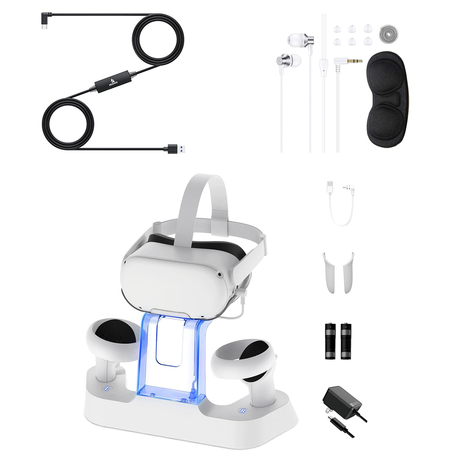 NexiGo Essential Kit for Oculus Quest, Upgraded Charging Dock with LED Light for Oculus Quest 2, [Support Elite Strap], 16FT Link Cable with Signal Amplifier, VR Lens Protect Cover &amp; Gaming Earphones