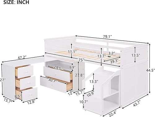 Miniatura 2 de Cama alta baja con escritorio móvil portátil cama alta de tamaño individual con cinco cajones estante abierto y escalones de almacenamiento marco de