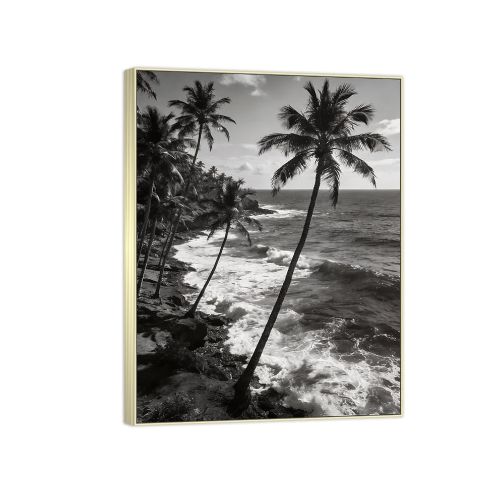 Sea Palm Tree Black White Landscape Canvas Picture 90x117cm Silver Frame