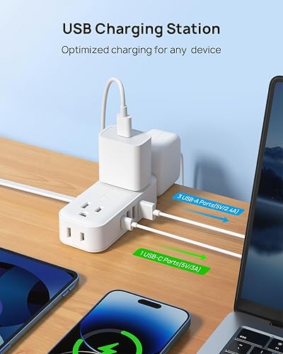 Miniatura 4 de Trond - Regleta de alimentación de enchufe ultra plana - Cable de extensión de 5 pies, 4 salidas de CA, 3 puertos USB-A, 1 cargador USB-C, estación