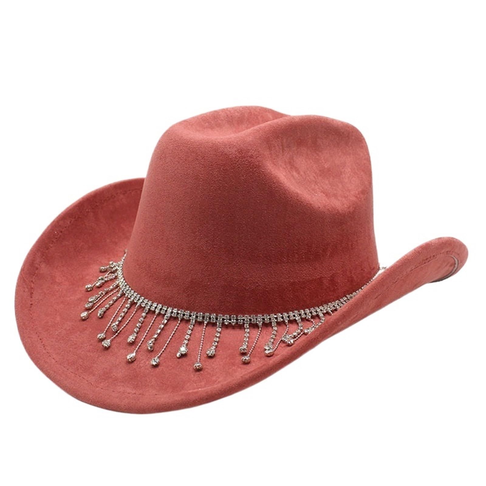 Sombrero De Vaquero Sombrero de Vaquero for Mujer con Correa con Flecos y Diamantes Decorativos Sombrero de ala Ancha intemporal 57-58 cm para Adulto Carnaval Halloween Y Cosplay(Orange)