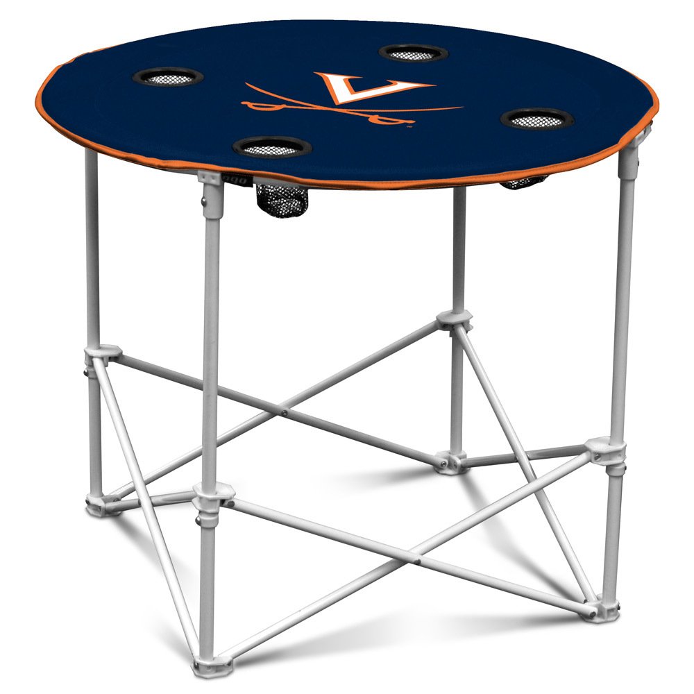 Logo Brands NCAA Virginia Cavaliers Round Tailgating Table – Portable with Foldable Legs, 4 Cup Holders, Powder-Coated Steel, and 27.6" Surface Diameter, Team Color