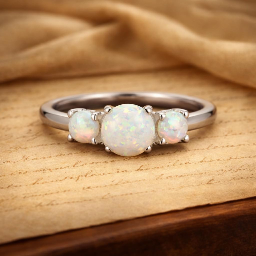 Round Opal Three Stone Engagement Ring White Gold Dainty Vintage Promise Ring October Birthstone Bridal Jewelry Easter Gift for Women