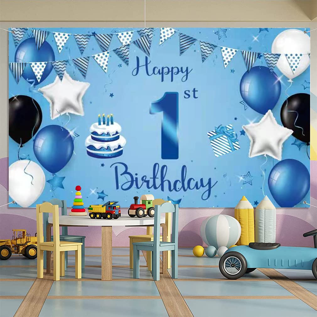 Lot De 124 Décorations Bleues De Qualité Supérieure Pour 1er Anniversaire De Garçon Avec Bannière Photo De 12 Mois | Couronne De Bébé Et Décoration De Gâteau Pour 1er Anniversaire | Bannière