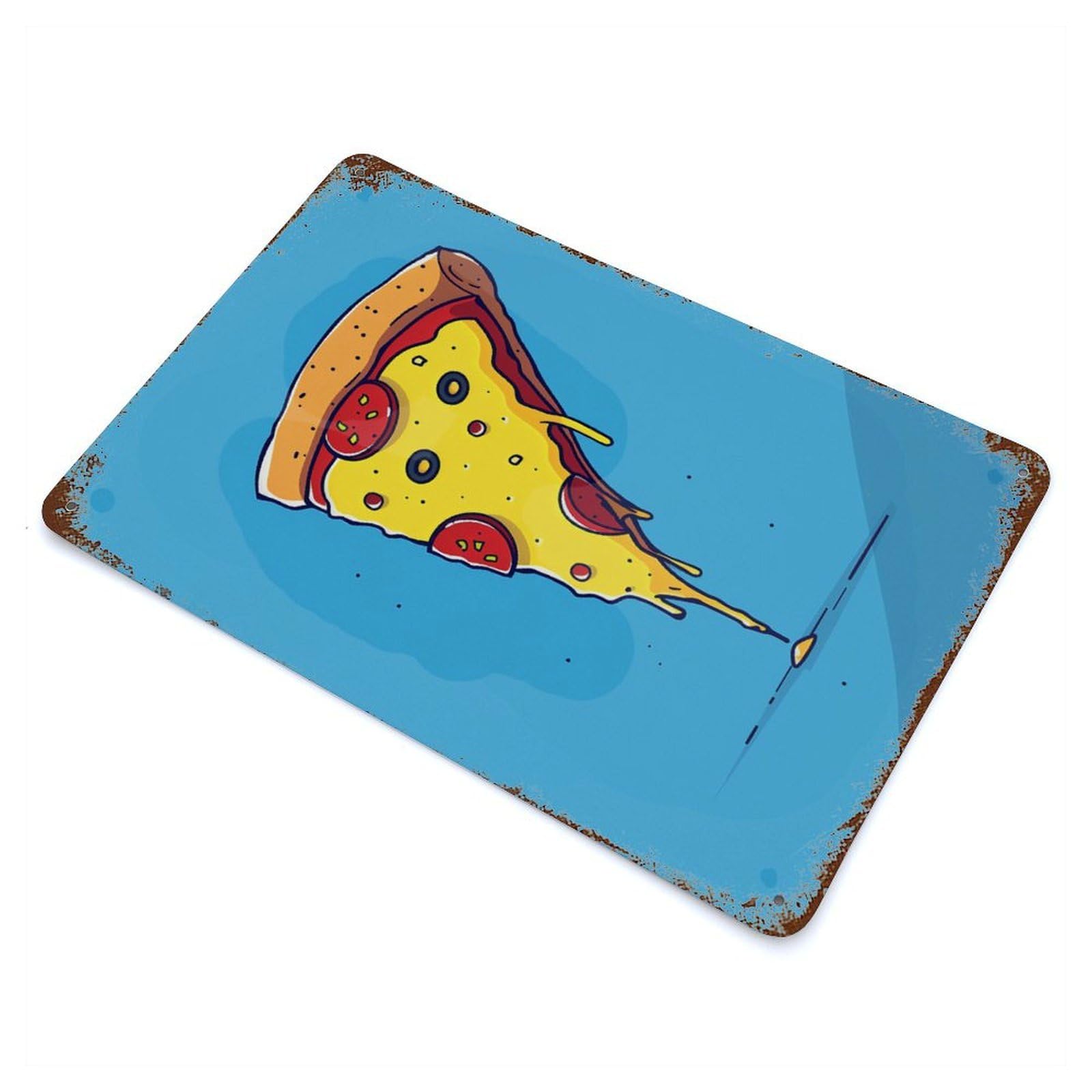 Retro Metal Sign with Cartoon Pizza Slice on Blue Background Design 11.8"x7.9", for Living Room, Hallway And Home Decor, Farmhouse Wall Decor