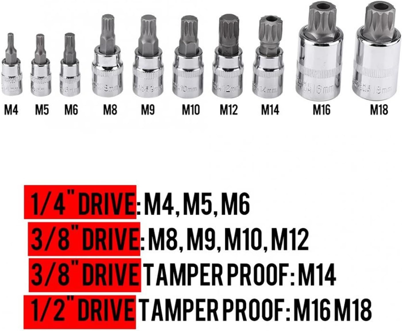 10Pcs CR-V 12 Point Triple Square Splined Drive it Socket Set M4-M18 1/4" 3/8" 1/2" Torx Star Sleeve Car Automobile Repair Tool