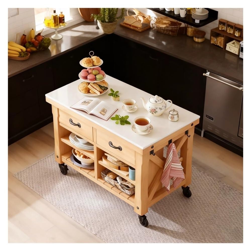 Carrello da cucina Isola della cucina con rotelle for fattoria, cassetti e ripiani superiori in legno massello e pietra(S)