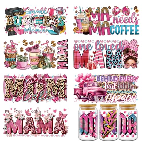 Rngmsi Mama UVDTF Cup Wrap - 8 Sheets Mom UV DTF Wraps for 16 oz Leopard Print UV DTF Stickers for Water Botters Glass Cups Pink Coffee Bow Rub on Transfer Decals for Women