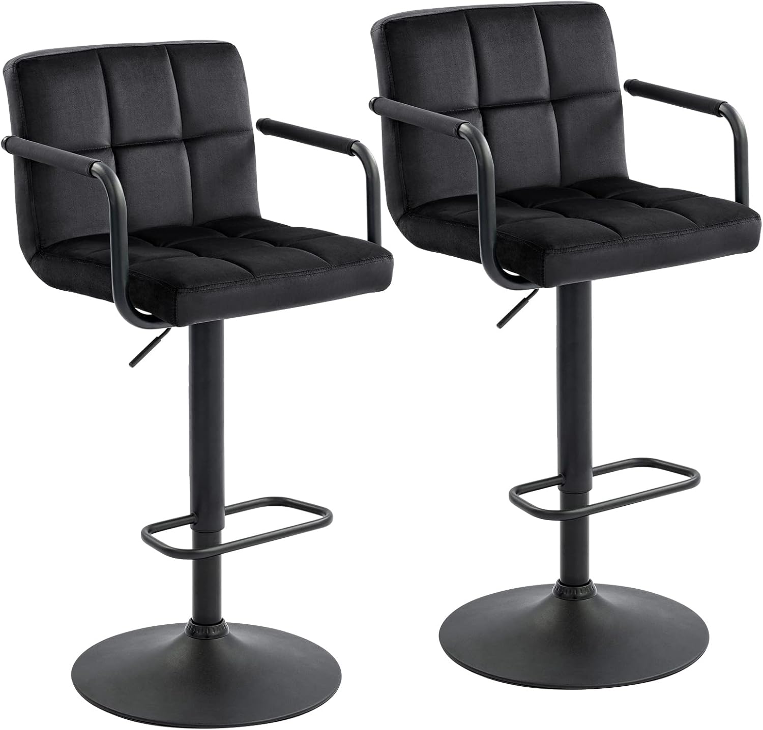 Furnimart Adjustable Bar Stool Swivel Barstools Set of 2 Counter Stools with Armrest and Footrest Upholstered Bar Chairs for Kitchen and Dining Room (Velvet-Black)