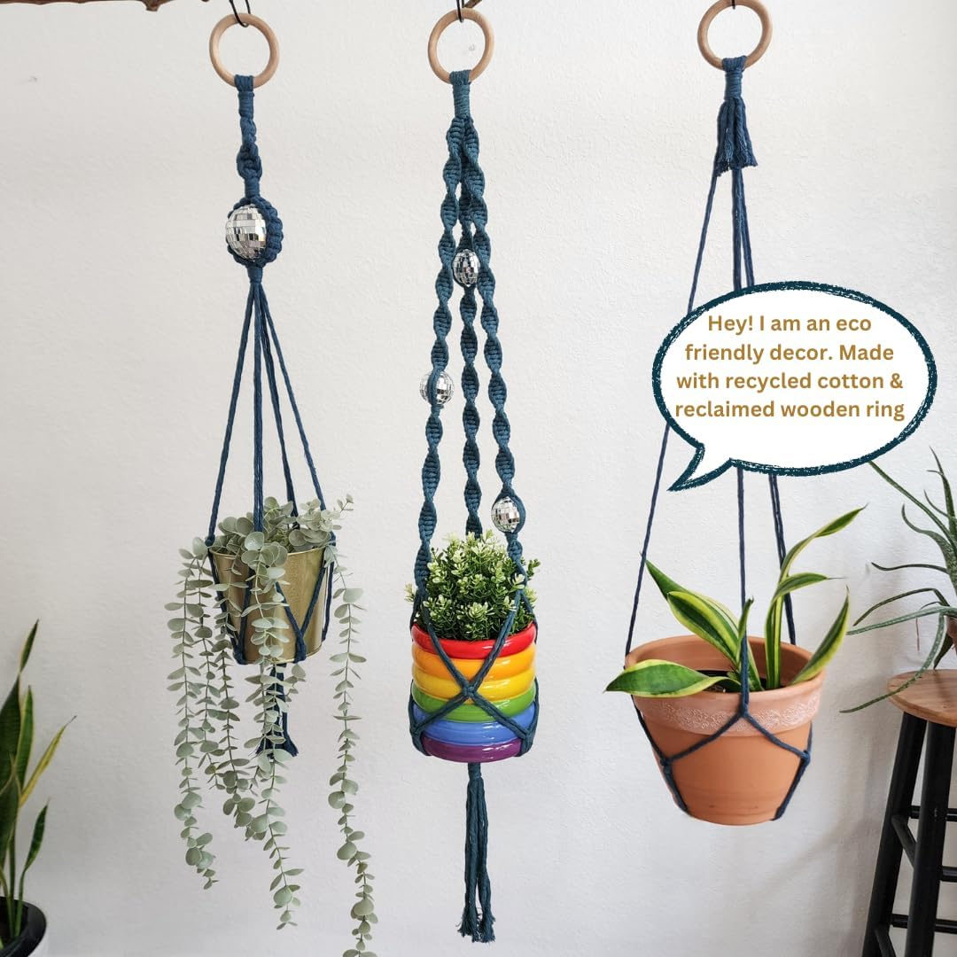 Set of 3 Macrame Plant Hanger | Disco ball decor Hanging planters for indoor plants Cool gifts for plant lovers Boho plant pots plant stand indoor Hanging planters for outdoor plants (Peacock Blue)