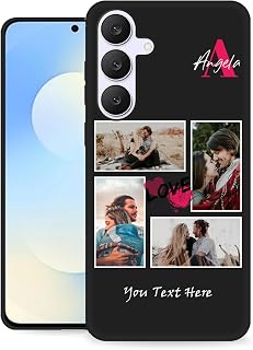 Personalize Phone Case for Samsung Galaxy S25 FE Printed with Multi Pictures Name Signature with Heart,Custom Anti-Drop Carbon Fiber Black Rubber Cover,Customized Shockproof Case Accessory