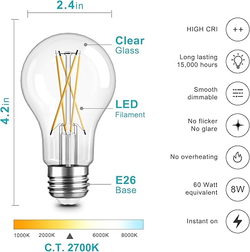 Miniatura 2 de TJOY Paquete de 12 bombillas LED Edison A19 vintage, regulables, equivalente a 60 W, alto brillo blanco cálido de 2700 K, base estándar E26 de 8 W,