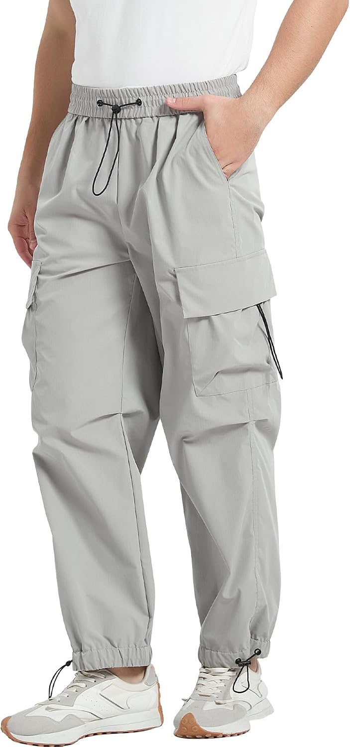 Men's Loose Fit Cargo Pants Fashion Casual Parachute Pant Harem Joggers with Elastic Pockets