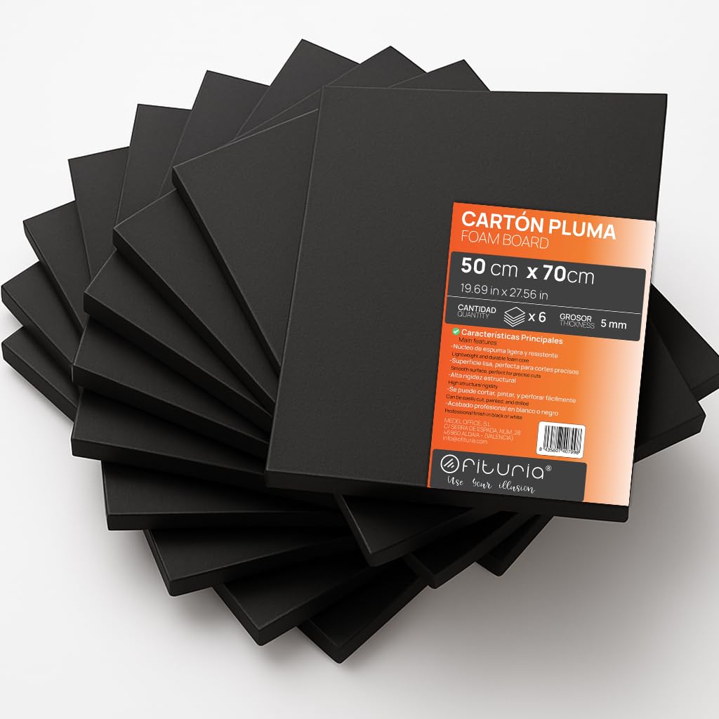 OFITURIA Pack of 6 Black Foam Panels, 50 x 70 cm, Pack of 6, Lightweight and Rigid Foam Board, Multi-Purpose Foamboard with Easy Cut, Ideal for Crafts, Models and Exhibitions, 5 mm