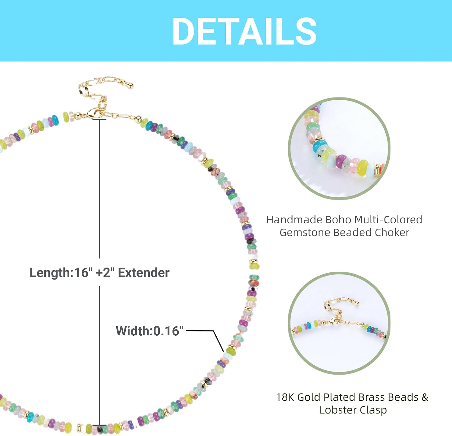 Handmade Boho Multi-Colored Gemstone Choker Necklace, 16" + 2" Extender, 18K Gold Plated, Rainbow Beaded Necklace for Women
