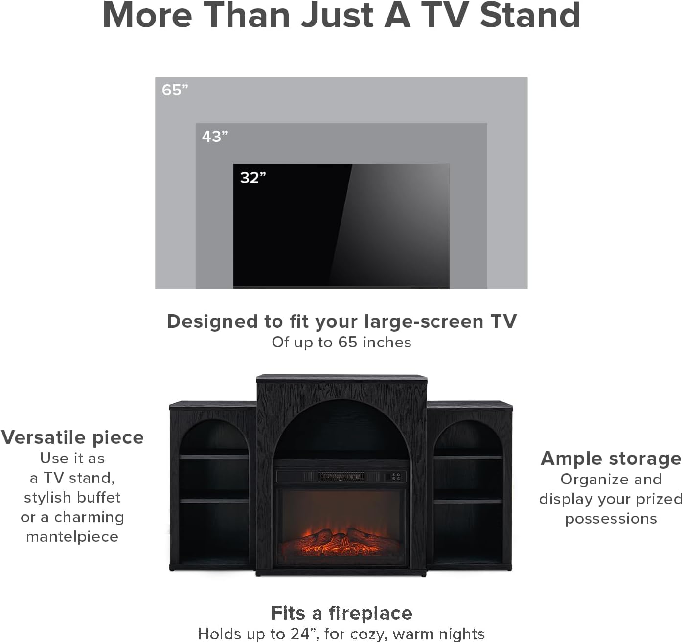 mopio 59" Blake Arched Fireplace TV Stand Without Fireplace Insert Fireplace Mantel with Modular Side Storage Shelves with Lift Top Lift up Square Coffee Table (Black)