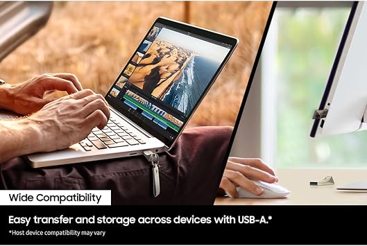 Samsung BAR Plus USB Flash Drive Type-A, 512 GB, 400 MB/s Read, 110 MB/s Write, Durable USB 3.2 Memory Stick with Key Ring, Titanium Grey, MUF-512BE4/APC