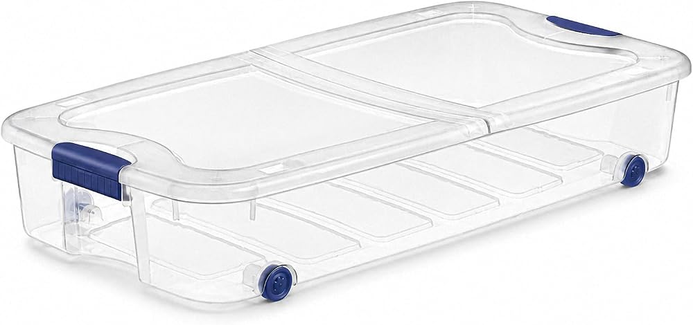 66 Qt Underbed Storage Container, Clear Plastic Bin with Wheels & Latch Lid | Low-profile 7" height, center-hinged split lid, secure blue latches, BPA-free plastic, space-saving stackable design.