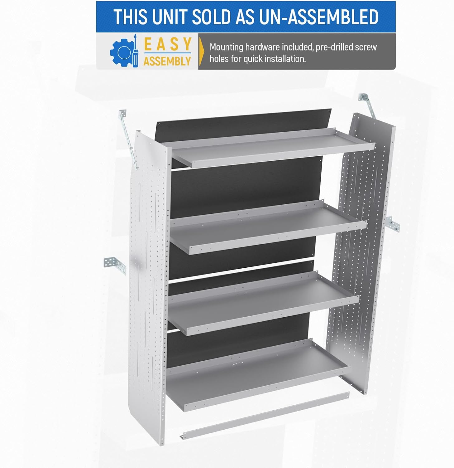 AA Products Model SH-6204 Steel Low/Mid/High Roof Van Shelving Storage System Fits Transit, ProMaster and Sprinter, 4 Tiers Van Shelving Units, 42''W x 62''H x 16''D