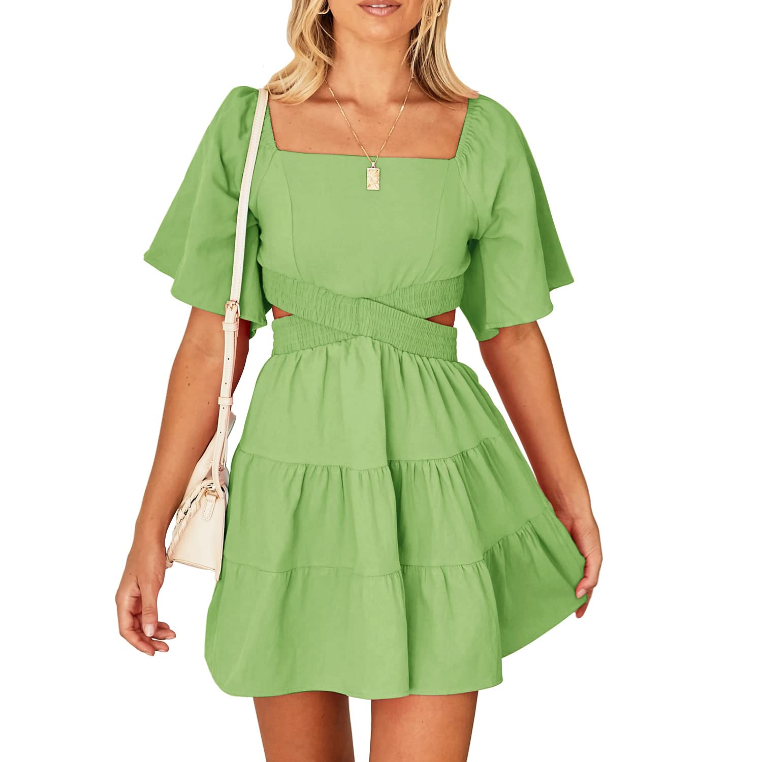 Shy Velvet Women's Summer Dress Square Neck Short Sleeves Crossover Waist Casual Party Mini Dress