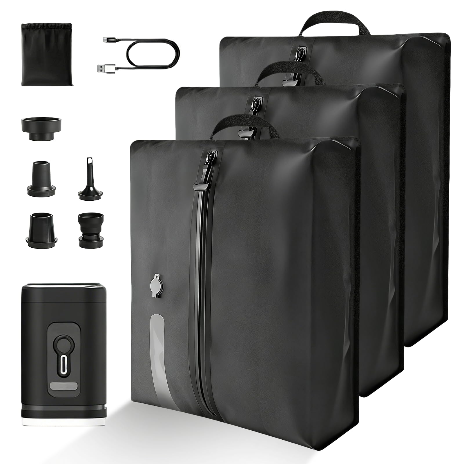 Vakuumbeutel TPU, Kompressionsbeutel mit Ventil für Pumpe oder manuelles, aus 70D Nylon, wasserdicht für Kleidung im Koffer, Rucksack, Handgepäck (3 Pack mit 2400mah Akku Pump)