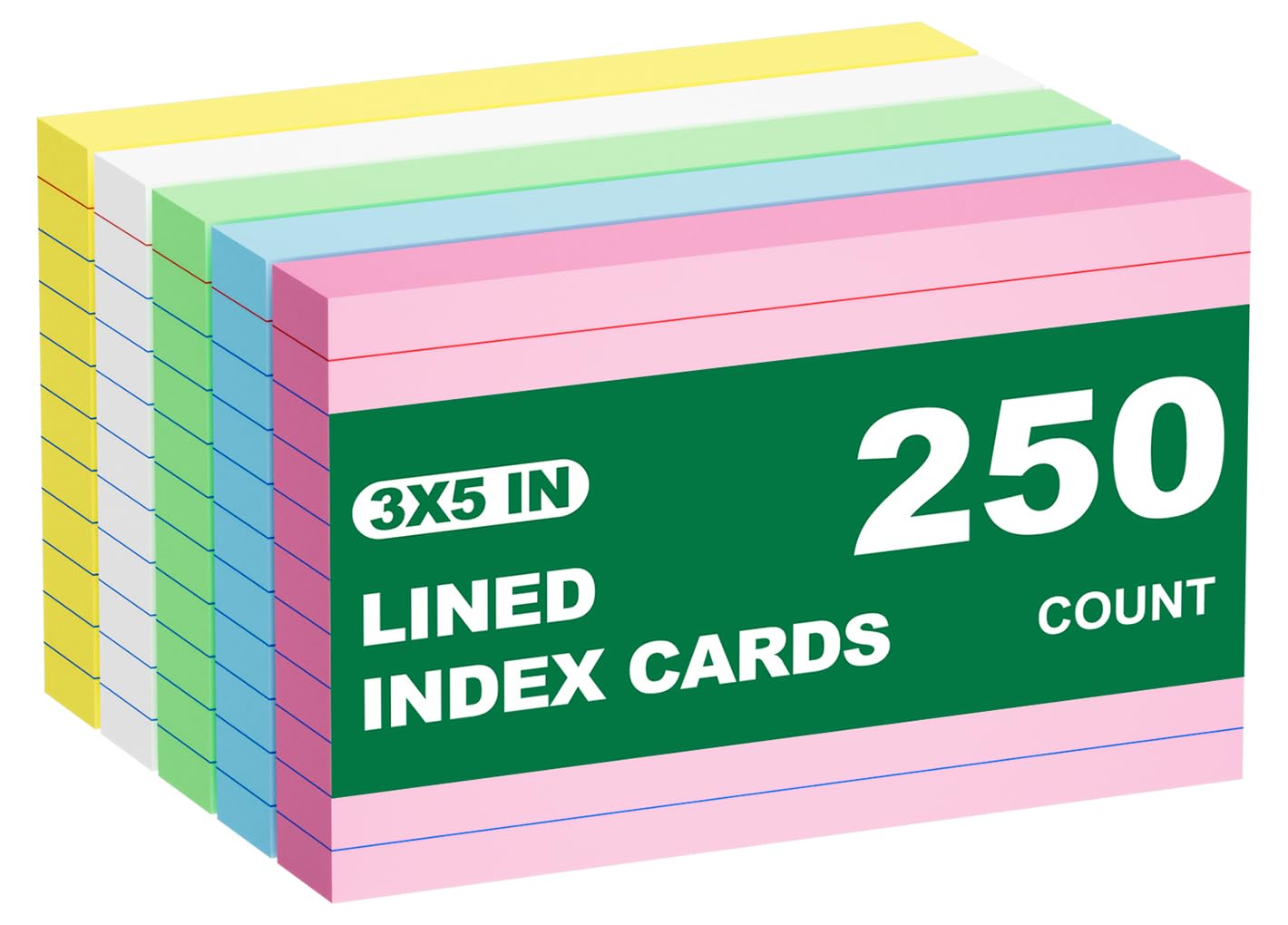 Colored Index Cards 3x5 Inch, 250 Count Ruled Flash Cards for Studying, 50 Pack Of 5, Multilcolor Notecards Lined Flash Cards Bulk, Neon Flashcards