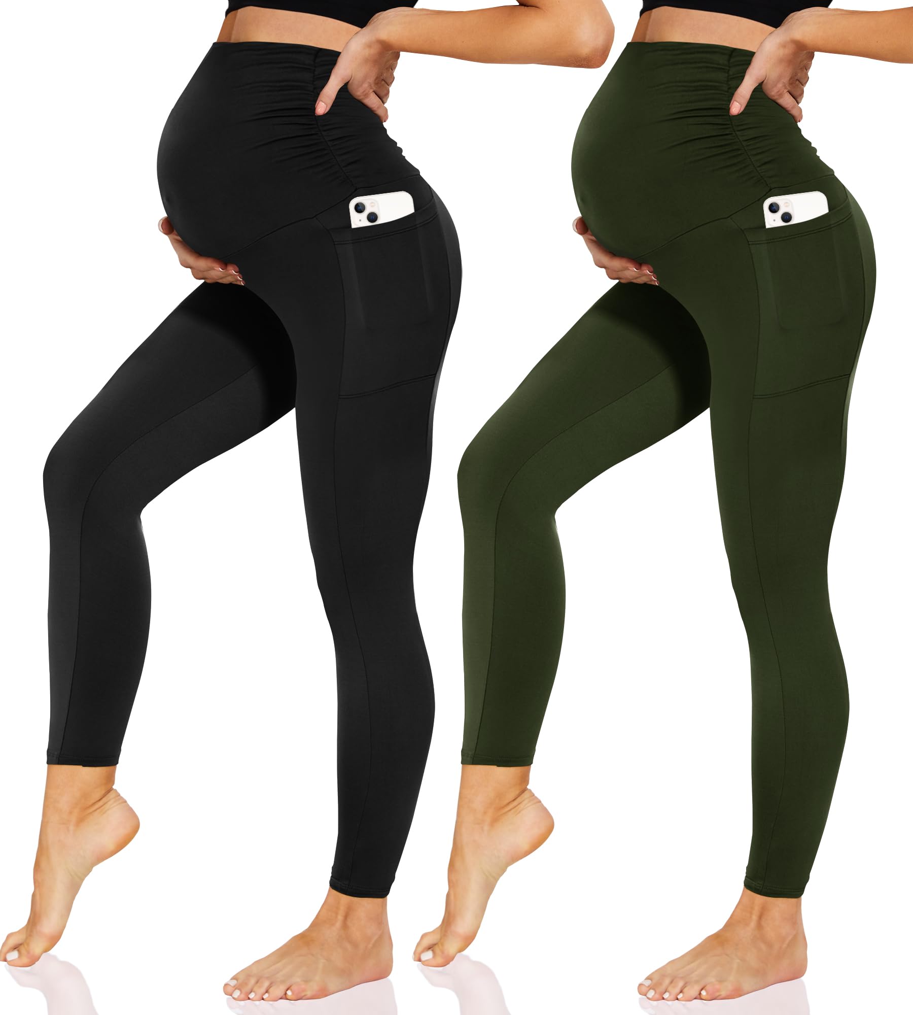 Sundwudu2 Pack Maternity Leggings Over The Belly-Women High Waisted Pregancy Yoga Pants Workout Active with Pockets