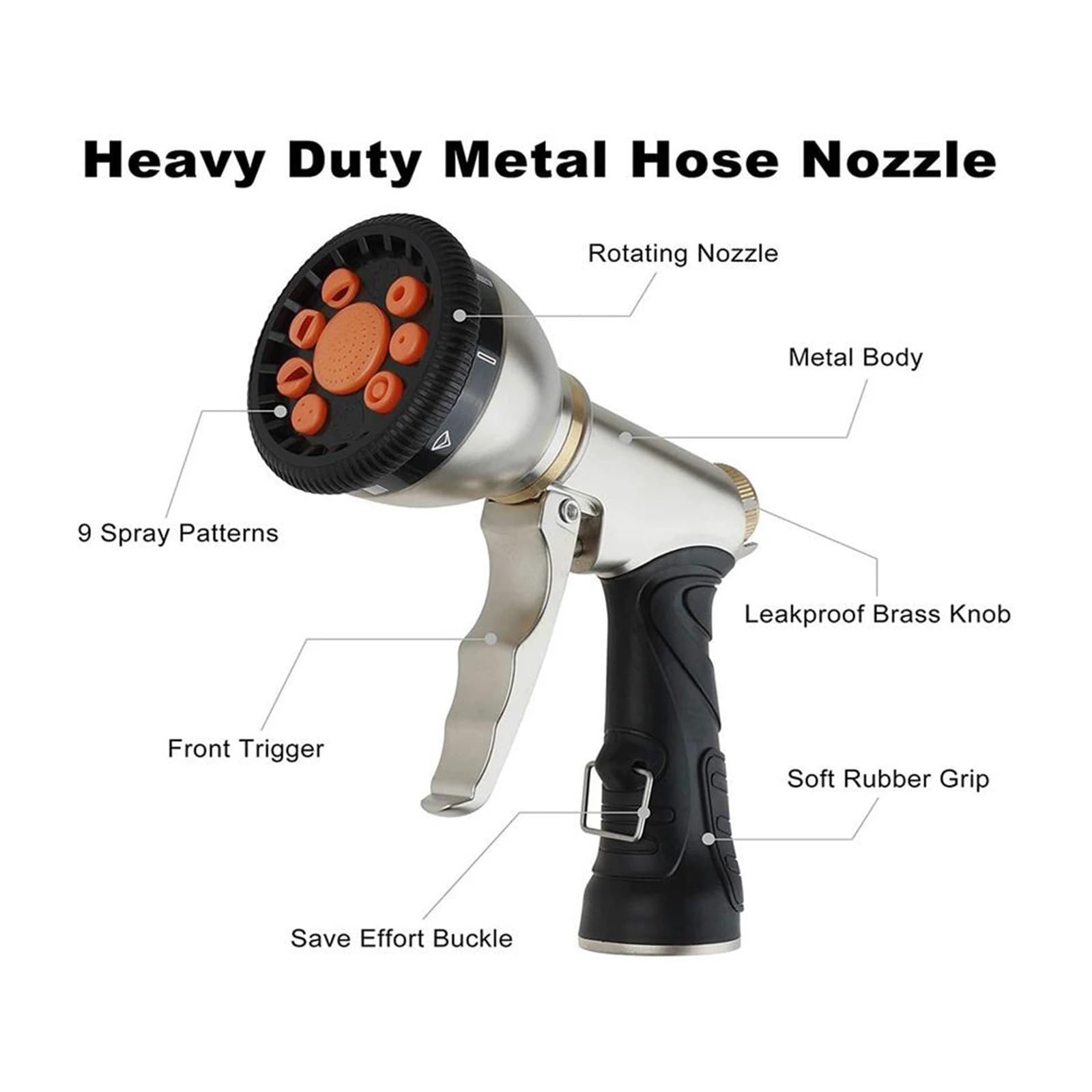 KKXXYQFC Pistolet natryskowy do węża ogrodowego Metalowy strumień pod wysokim ciśnieniem Dysza natryskowa do węża ogrodowego 9 regulowanych trybów natrysku, trwałość Szczelny Łatwy w użyciu