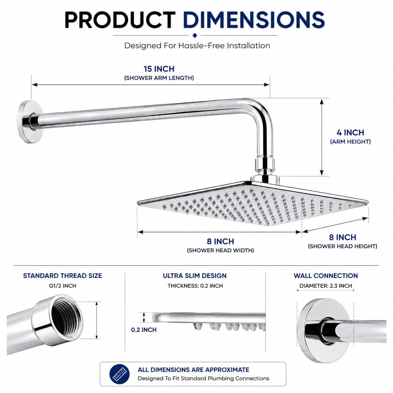 ZAP Hexa Ultra 8 Inch Square Overhead Shower with 15 Inch Curved Arm | 304 Stainless Steel Rain Shower Head | Ultra Slim Chrome Finish | Wall & Ceiling Mount Compatible | Bathroom Shower Set 2