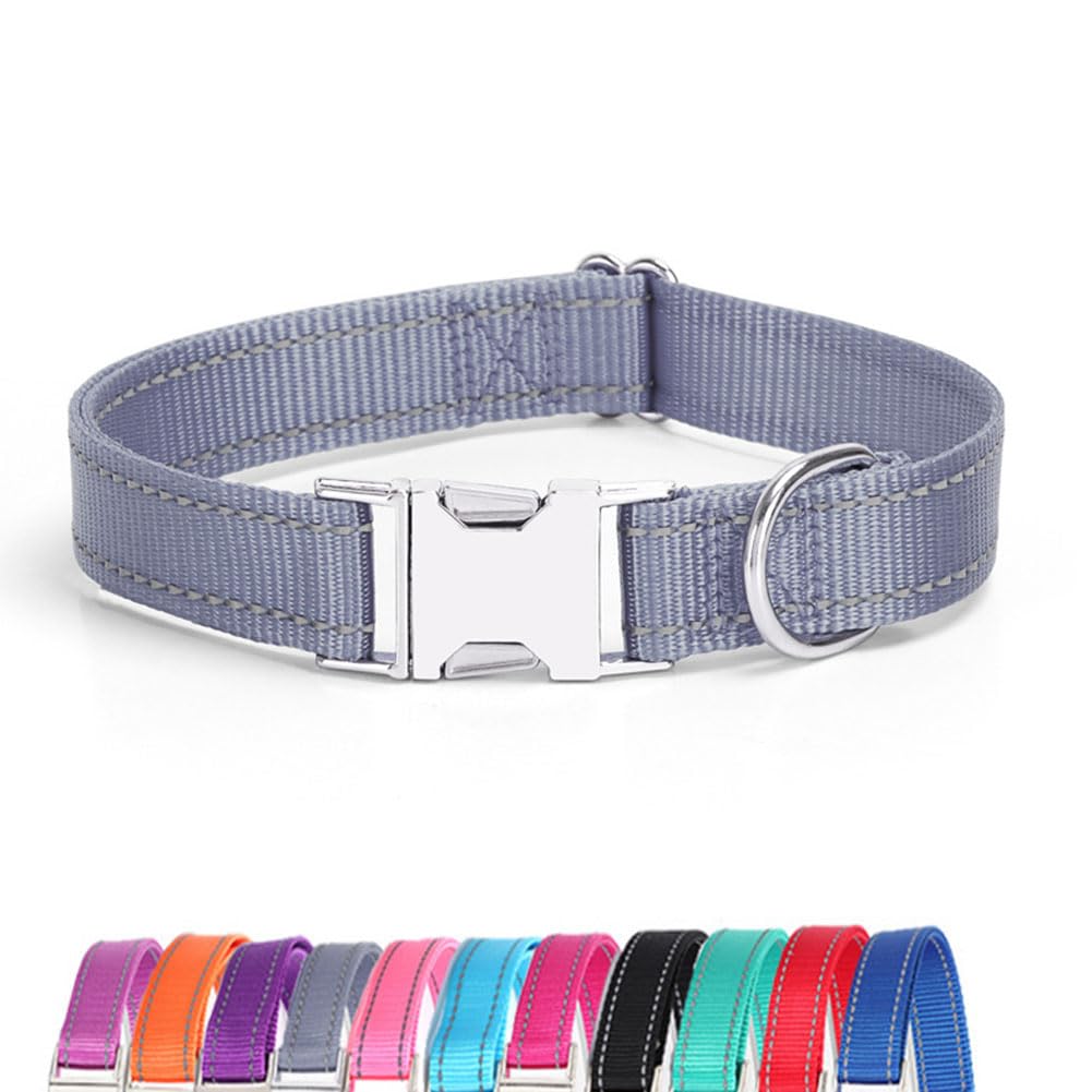 Reflective Dog Collar with Metal Buckle, Soft Sturdy Nylon Dog Collars with Quick Release Buckle, Adjustable Pet Collars with with ID Tag Ring for