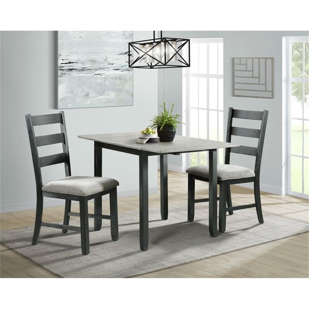 BOWERY HILL 3PC Drop Leaf Dining Set, Gray and Black Finish, Solid Wood Table with Foam Cushion Ladder Back Chairs, Upholstered Seats, Wire Brush