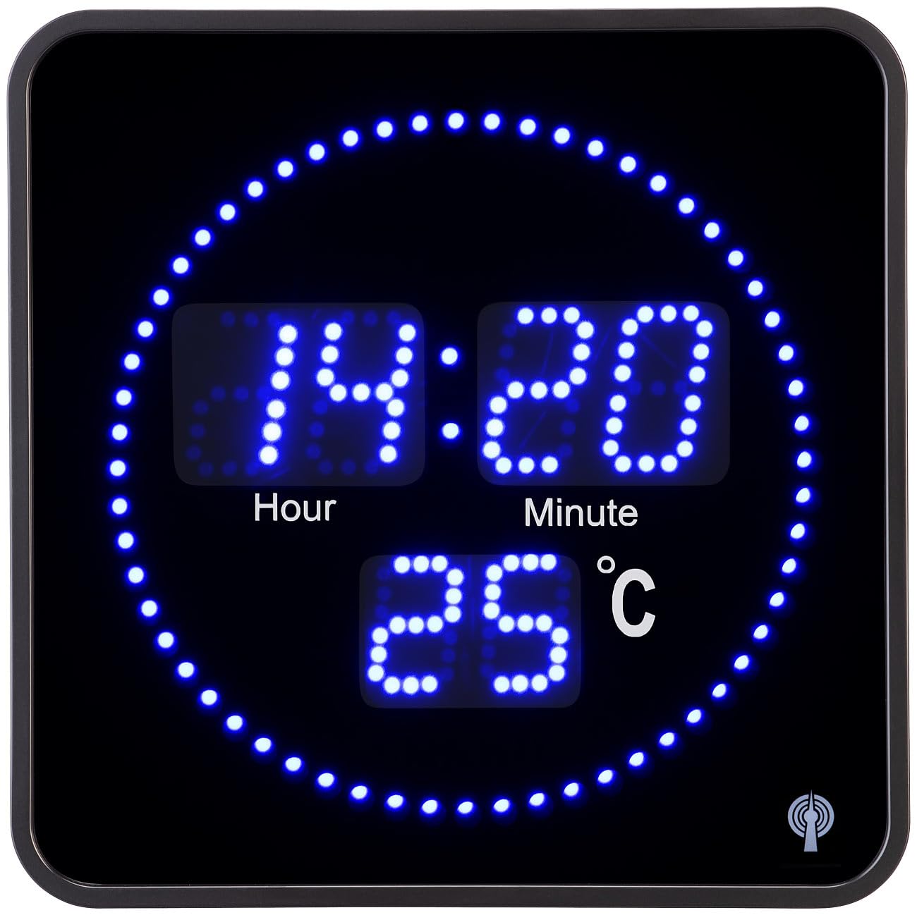 Horloge radiopilotée 20 x20 cm avec thermomètre - LED bleues [Lunartec]