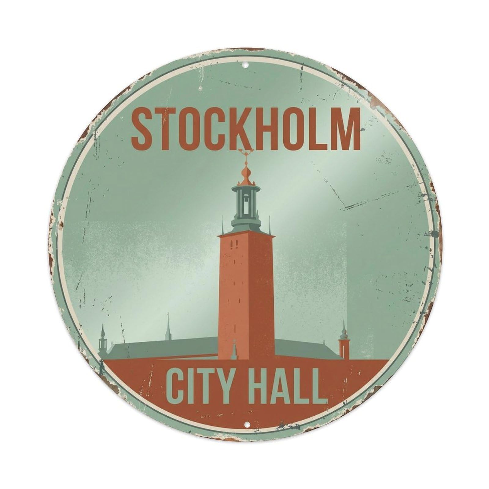 Cityhall Tower Dining Landmark Metal Tin Sign Plaque Wall Decor for Cafe, Club, Garden Round Metal Poster 8x8Inch