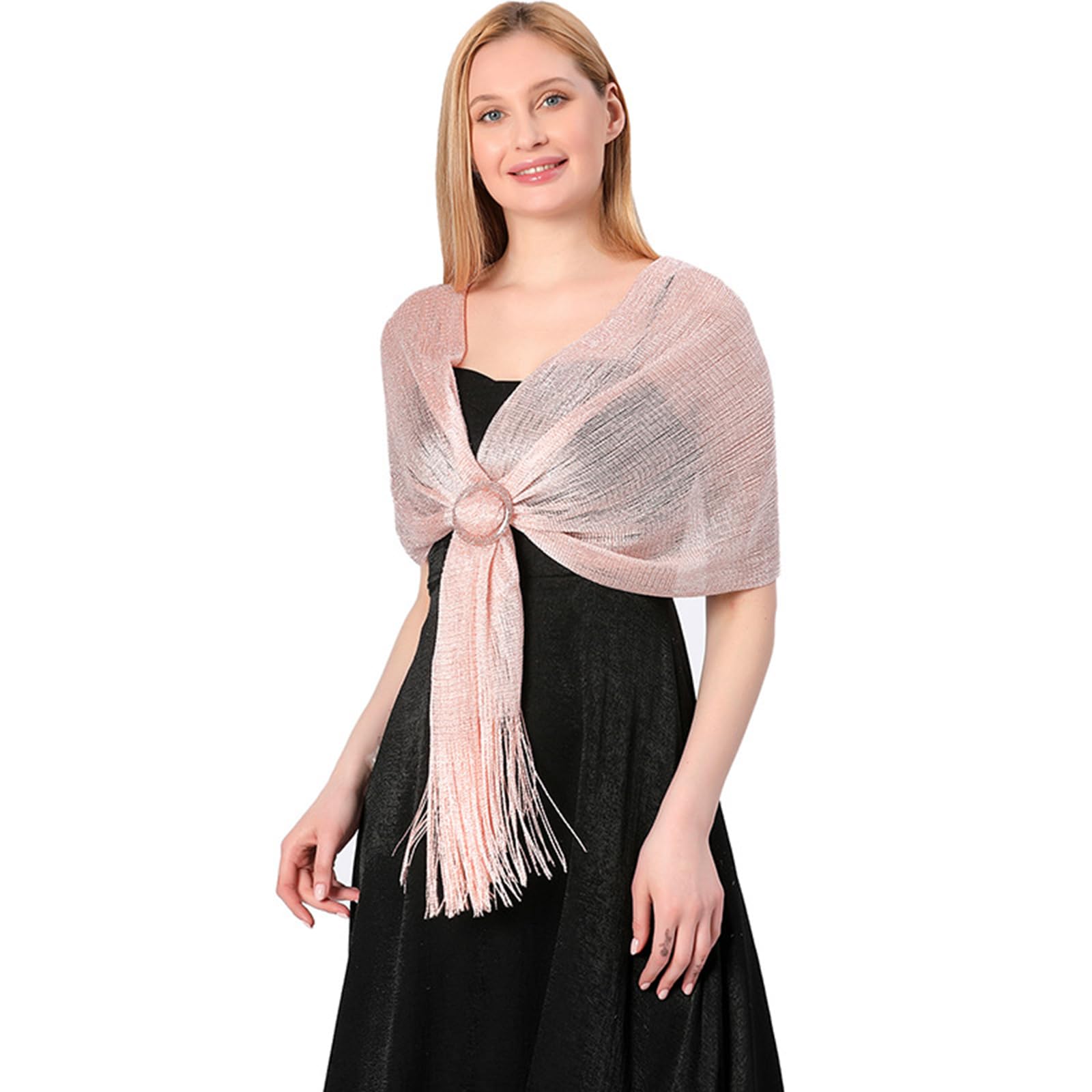 LumiSyne Donna Scialle Stola Metallici Scintillanti Con Fibbia Ad Anello Tinta Unita Glitter Nappe a Frange Foulard Lunga Leggero Stola Elegante Per Abito Da Sera Sposa Matrimonio Cerimonia Festa