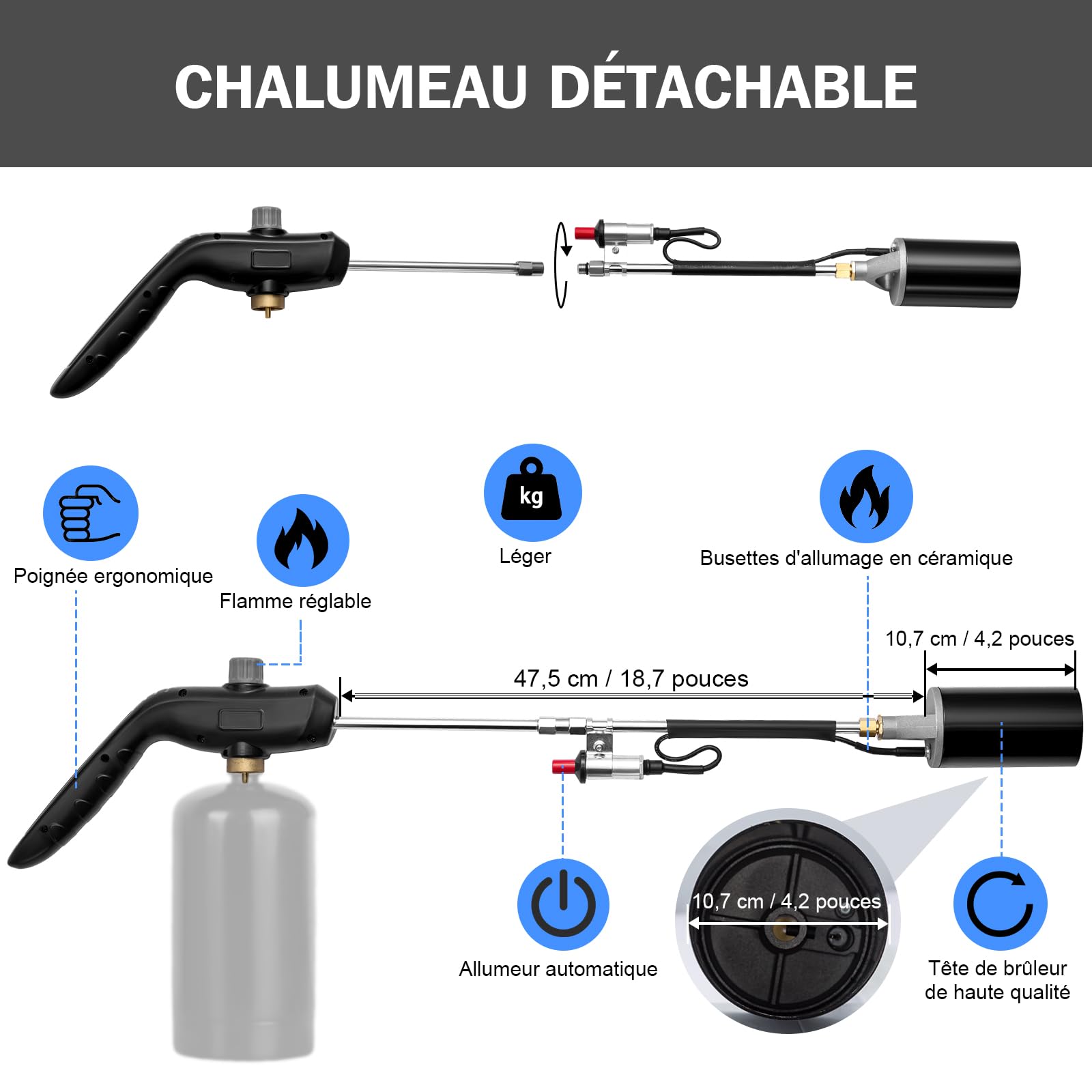 Propano antorcha malas hierbas quemador, 1.200.000 BTU alta salida malas hierbas antorcha lanzallamas, antorcha con control de llama y 30 "brazo largo desmontable para jardín, madera, hielo
