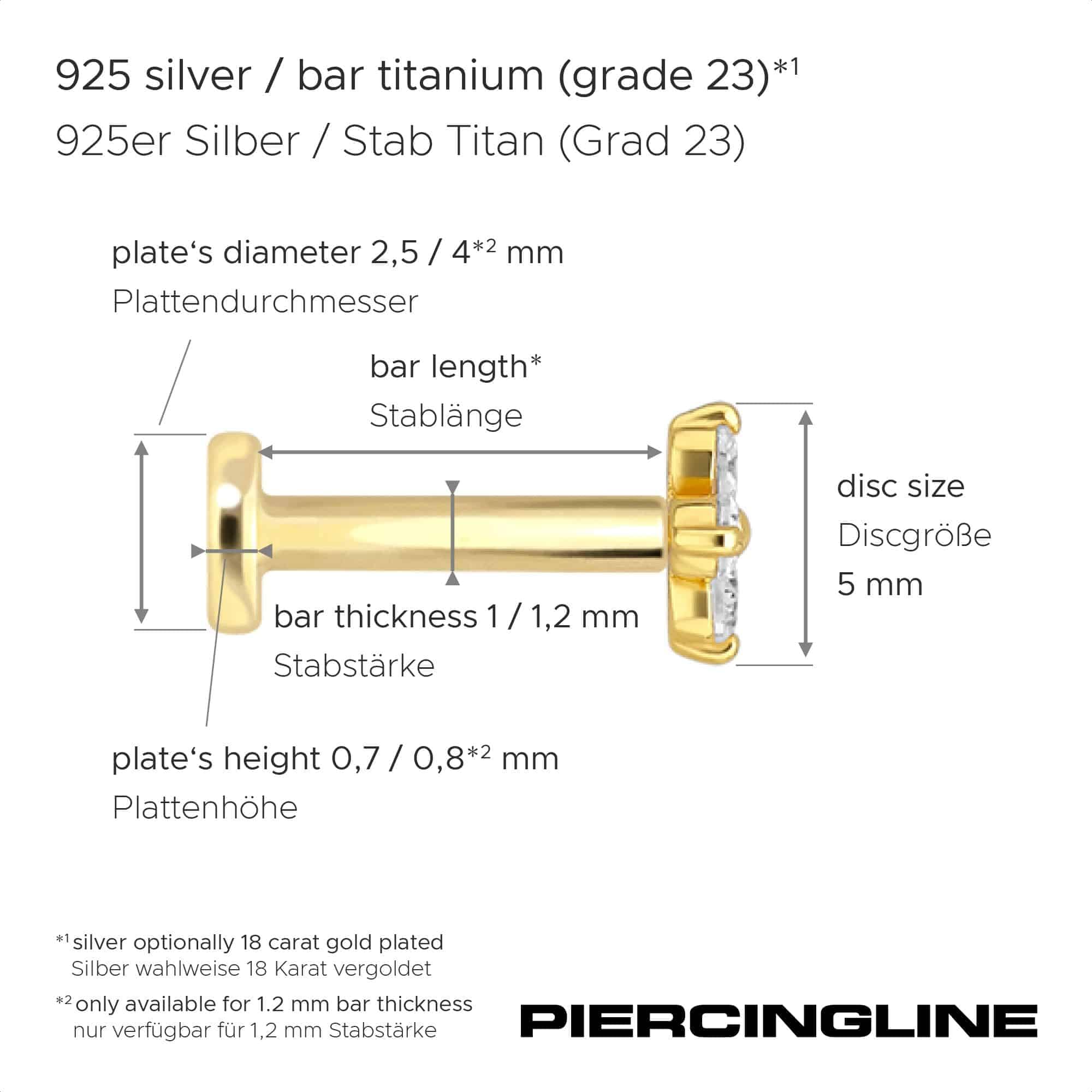 PIERCINGLINE Piercing Stecker Titan Labret mit Innengewinde + 925er Silber Aufsatz MOISSANIT-BLUME - Goldfarben, Silberfarben