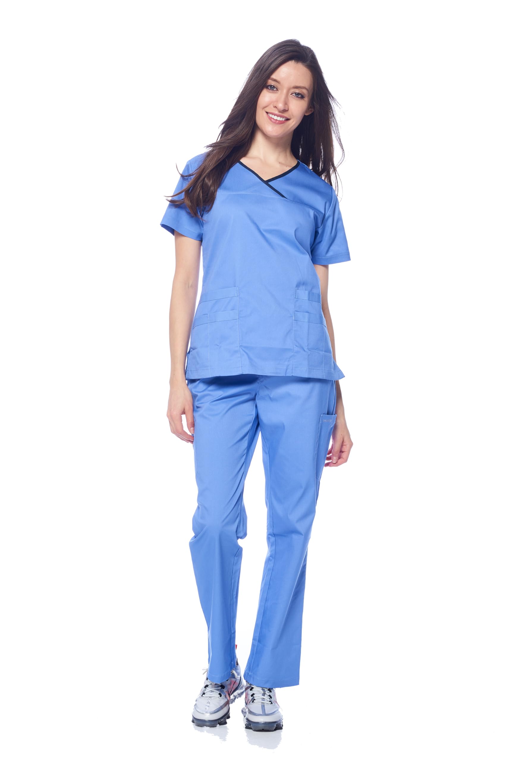 Dagacci Medical Uniform Women's Ceil Blue Dagacci Medical Nurses Uniform Scrub Set Stretch Contrast Binding Top And Pants - Blue - XX-Small