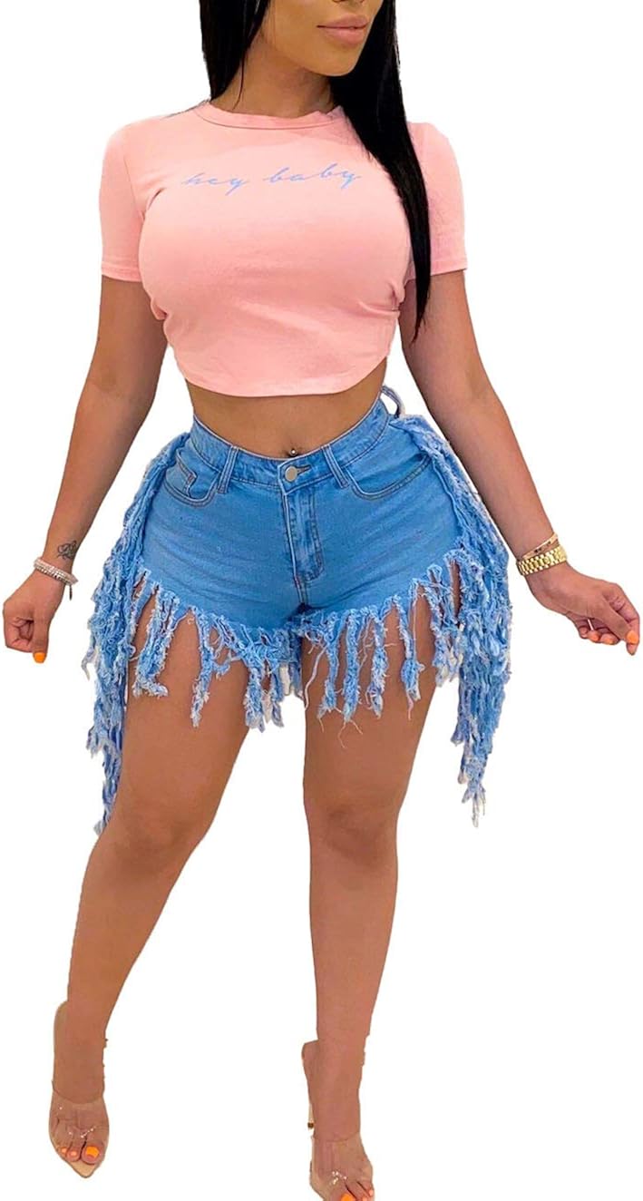 ZFCGEE High Waisted Denim Shorts for Women, Frayed Raw Hemline Ripped Tassels Jeans Short Pants Club Wear : Clothing, Shoes & Jewelry