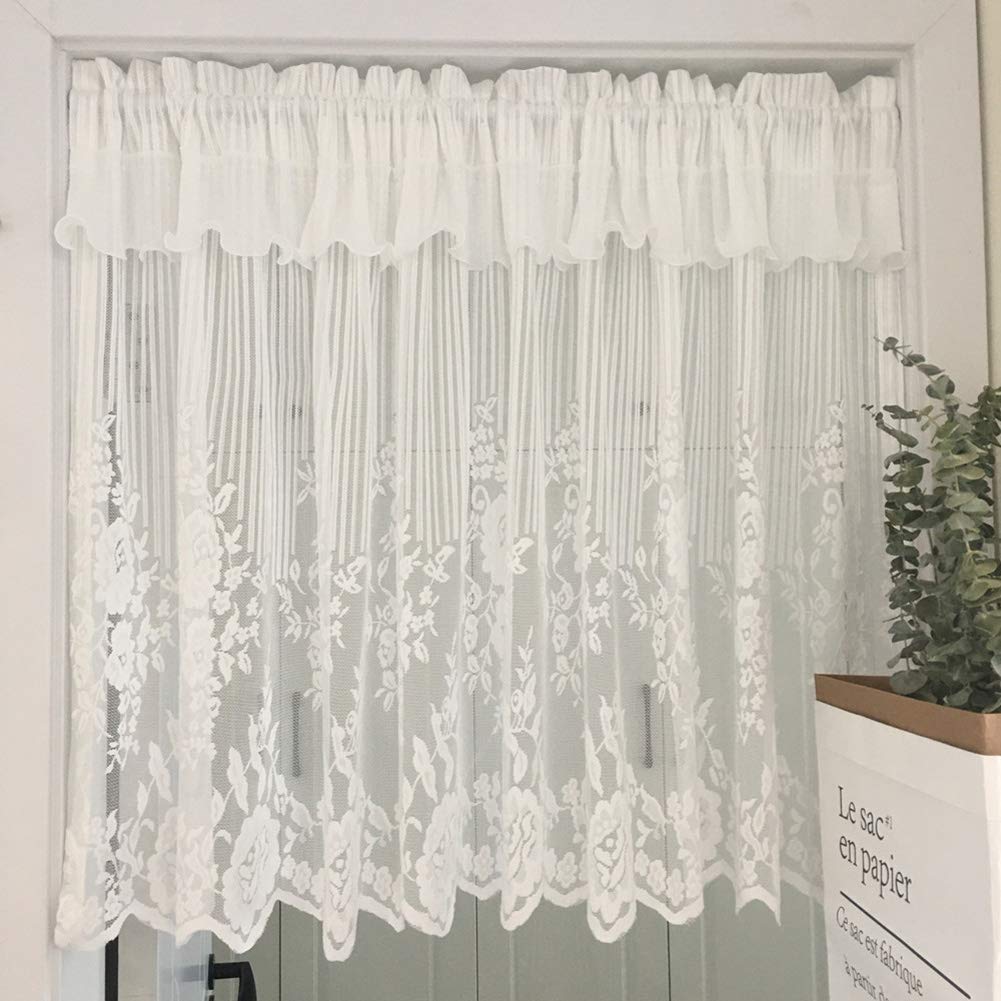CRYSEU Short Curtains, Boho Ruffled White Lace Sheer Voile Curtain Valance, Rod Pocket Window Treatments, 1 Piece(W150xH50cm/W59xH20in)