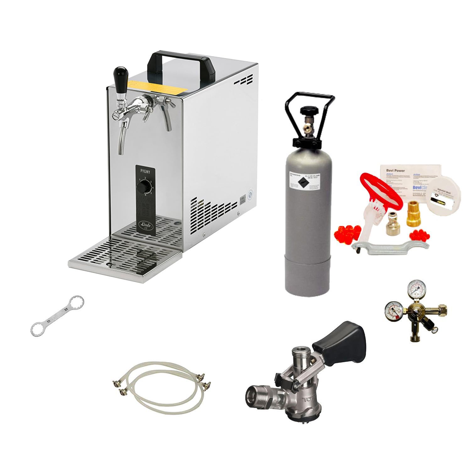 Ensemble complet Tireuse a biere - PYGMY 25 machine pompe a biere pro 1 ligne, 35 litres/h, Green Line, Kit de nettoyage pour tireuse a bière et fût, tête de robinet - Type S